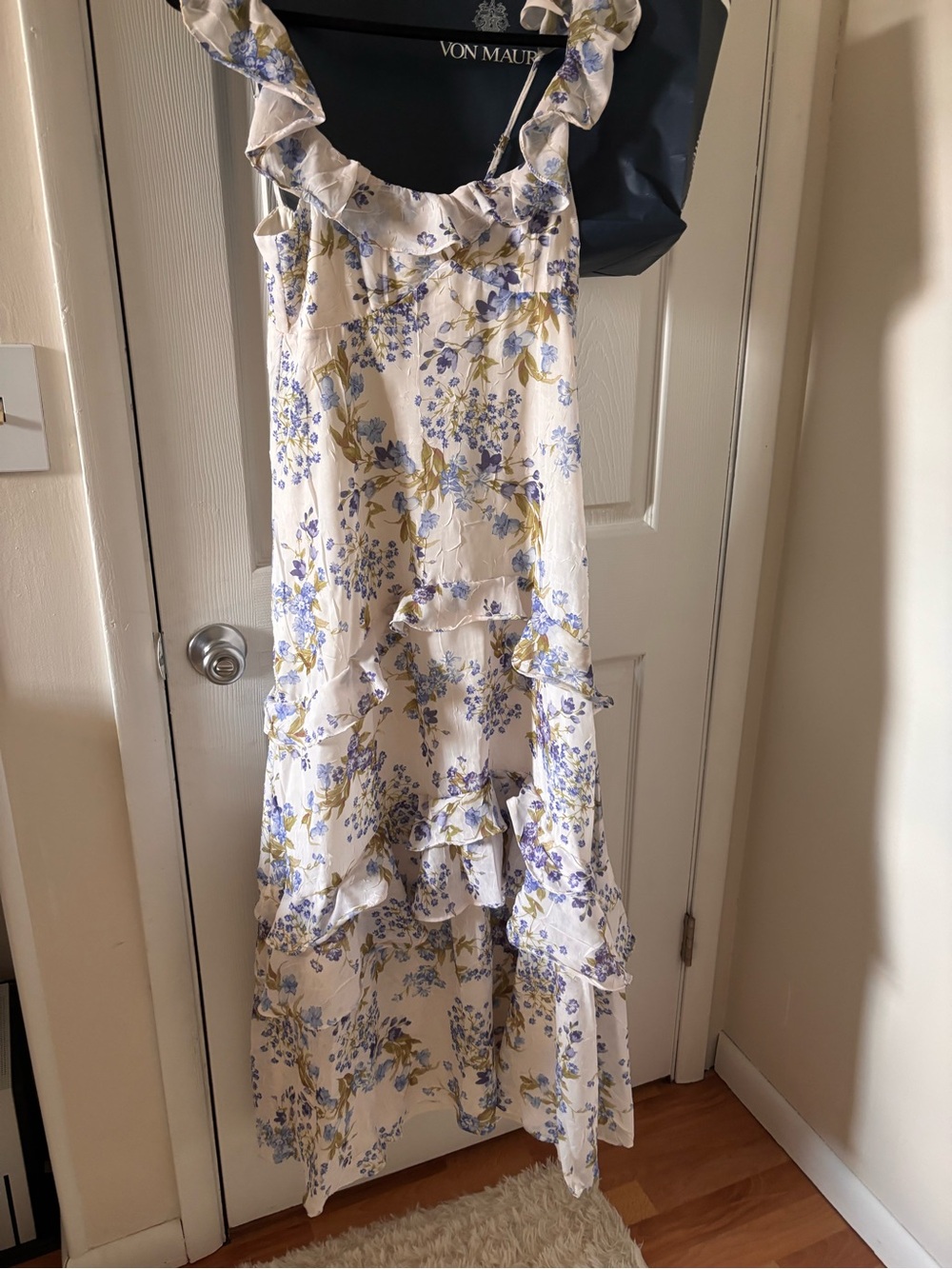 Floral Ruffle Dress in Cream and Light Blue